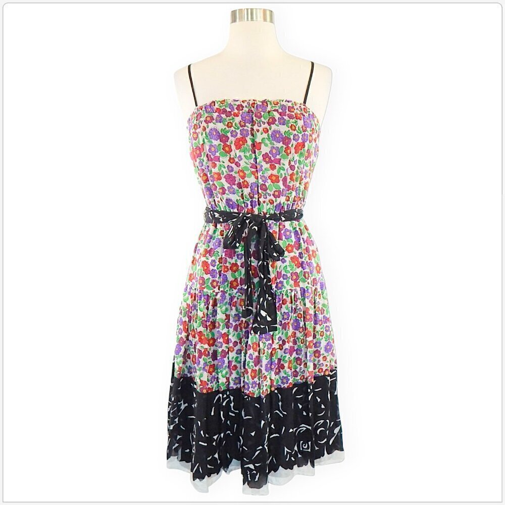 Hera 100% Silk Floral Elastic Waist Belted Cami Blouson Dress Sundress Size XS